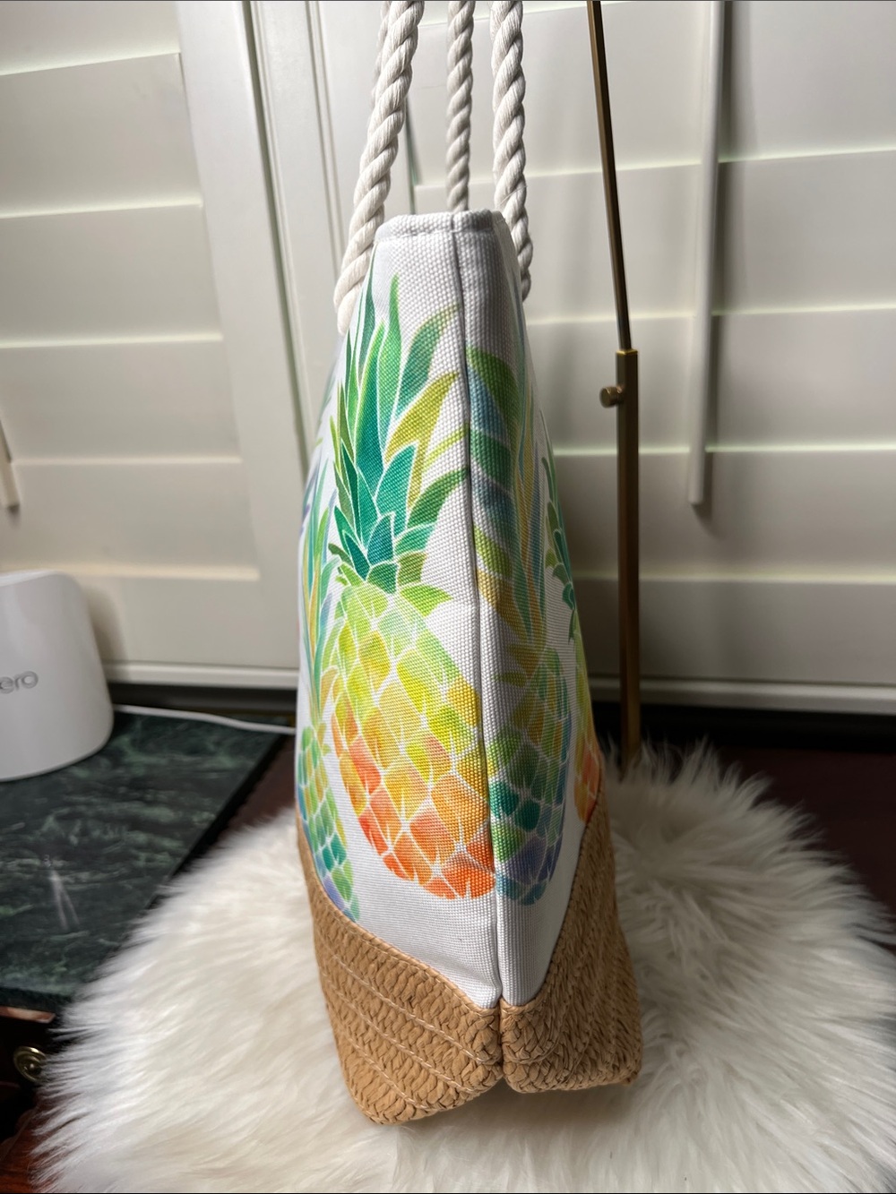 Island Hawaii Tropical Straw & Canvas Pineapple Print Tote Bag with Rope Handle - Picture 6 of 16
